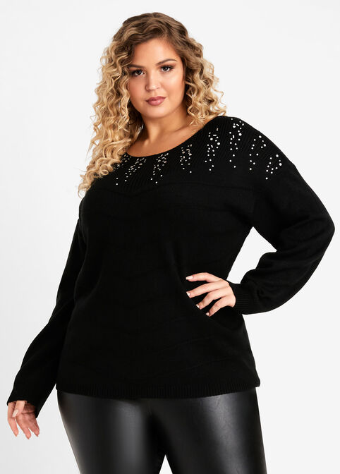 Rhinestone Cable Knit Sweater, Black image number 0