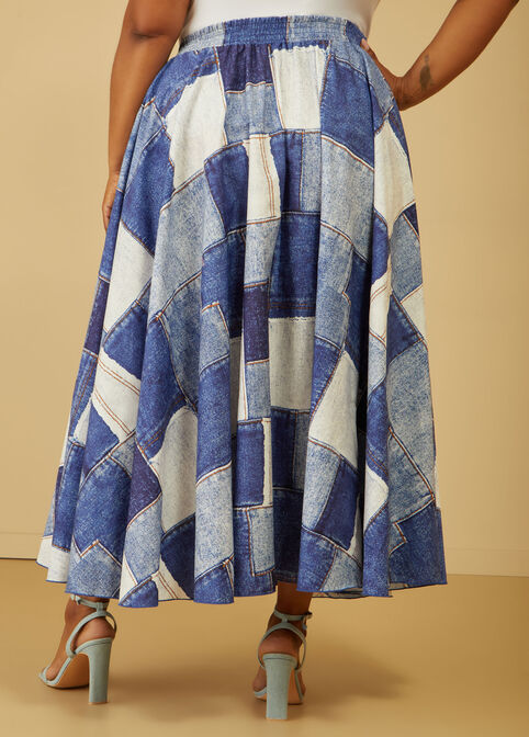 Denim Print Maxi Skirt, Blue image number 1