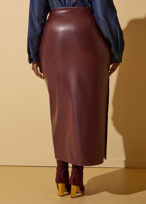 Split Faux Leather Maxi Skirt, Burgundy image number 1