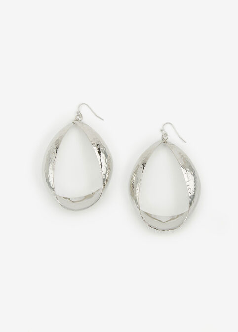 Silver Oval Textured Hoop Earrings, Silver image number 0