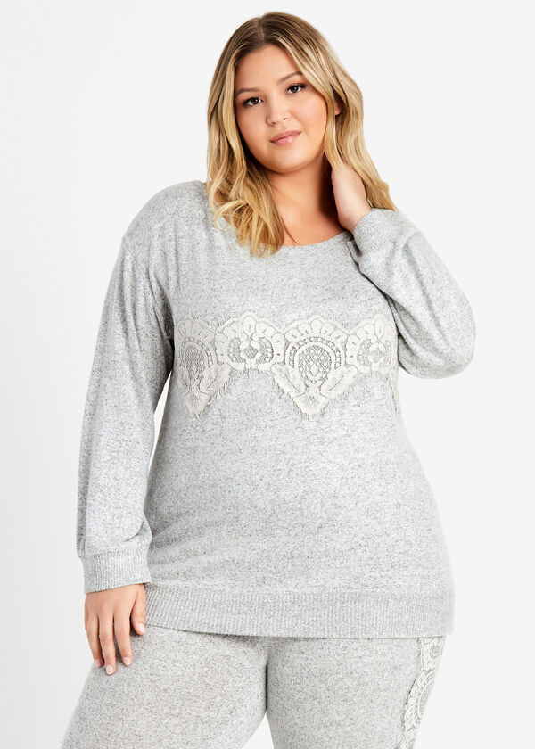 Cozy Lounge Lace Trim Top, Heather Grey image number 0