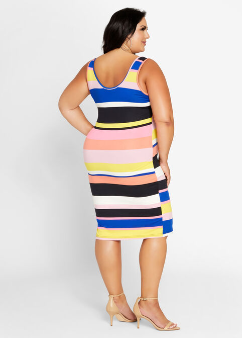 Striped Double Scoop Ribbed Dress, Mustard image number 1