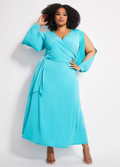Plus Size Trendy Belted Open Sleeve Mock Wrap Maxi Party Dresses image number 0