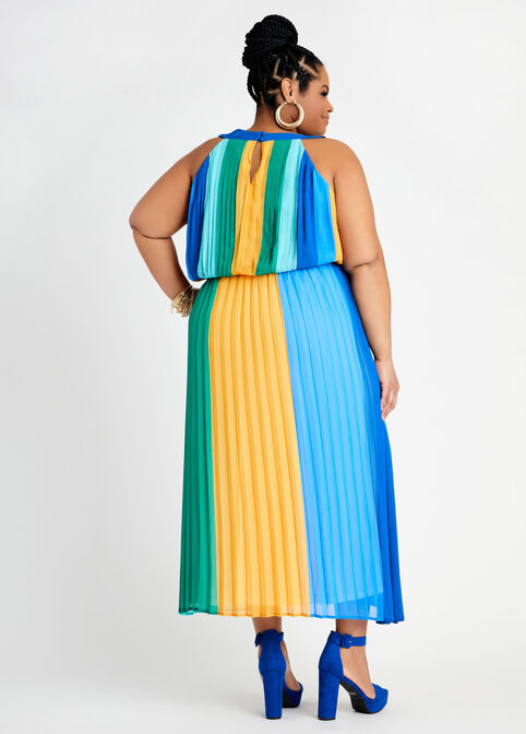 Belted Colorblock Plisse Dress, Blue image number 1