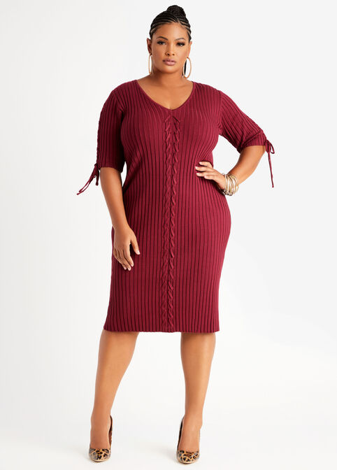 Lace Up Trim V Neck Sweater Dress, Rhododendron image number 0