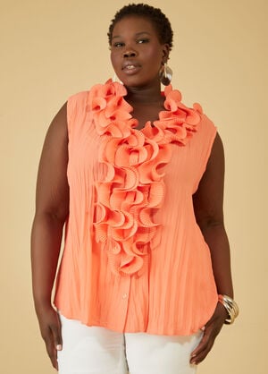 Ruffle Trimmed Pleated Shirt, LIVING CORAL image number 0