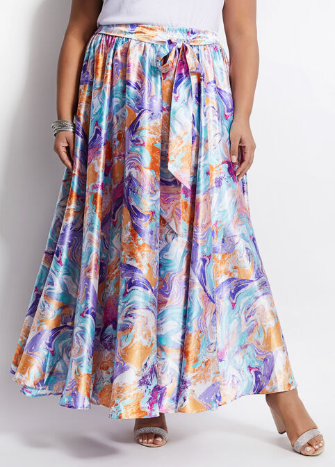 Belted Abstract Satin Maxi Skirt, Grapemist image number 0