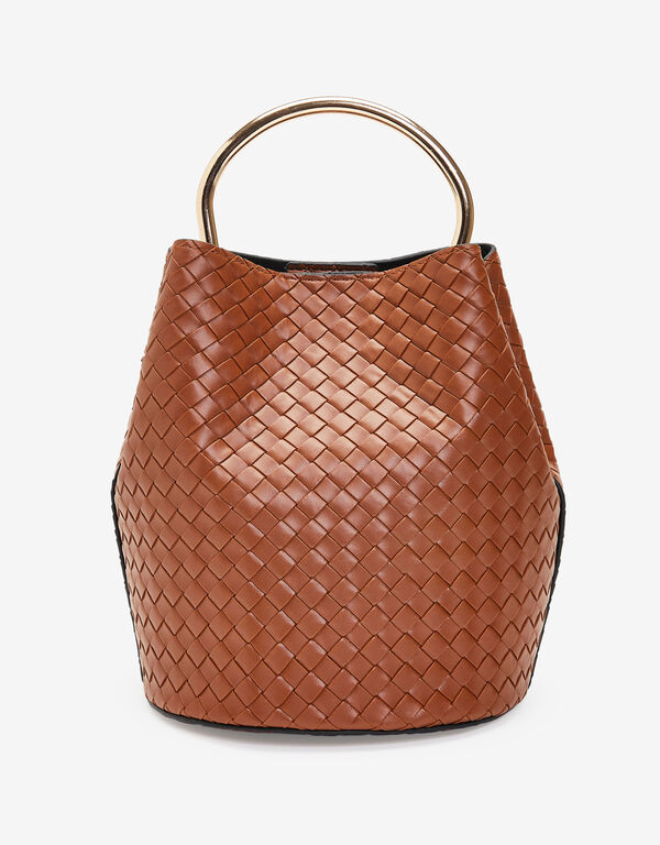 Woven Faux Leather Bucket Bag, Cognac image number 0
