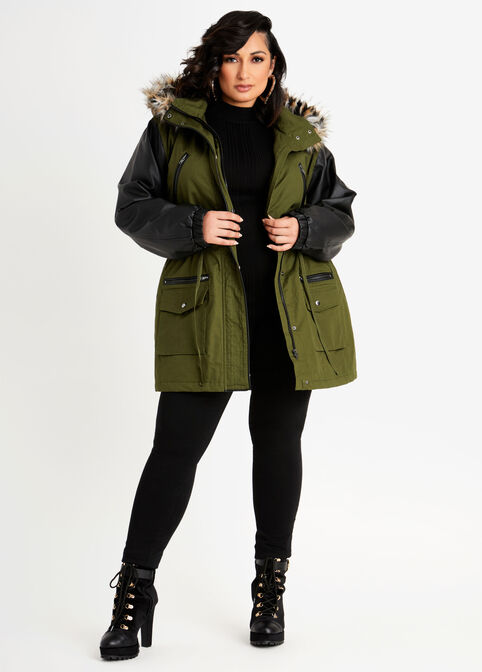 Faux Leather Sleeve Hooded Coat, Olive image number 0