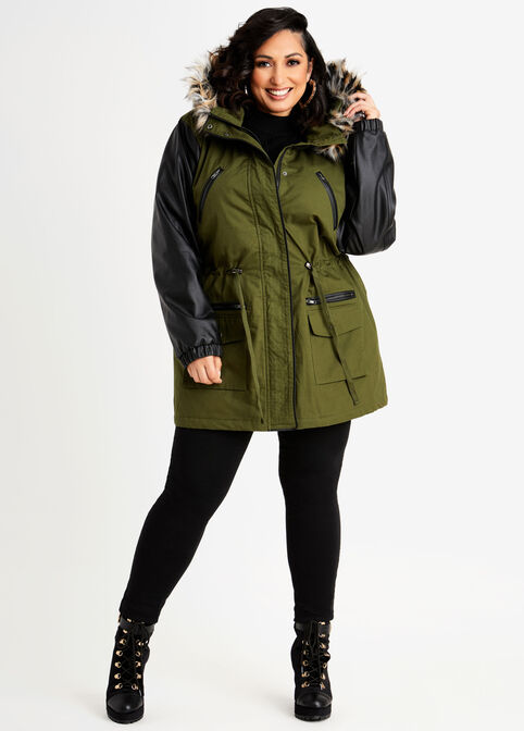 Faux Leather Sleeve Hooded Coat, Olive image number 2