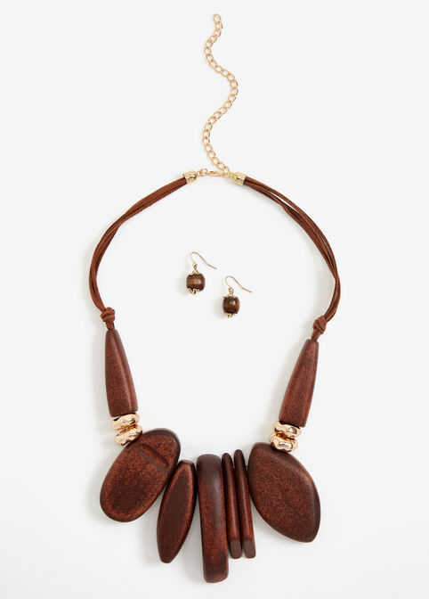 Wood Necklace & Drop Earrings Set, Brown image number 0