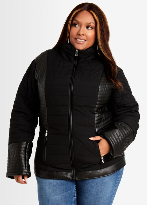 Faux Leather Trim Quilted Jacket, Black image number 2