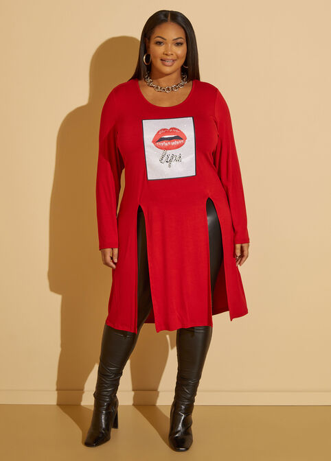 Lips Embellished Graphic Duster Tee, Barbados Cherry image number 2