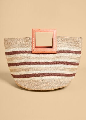Striped Straw And Wood Tote, Natural image number 1