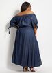 Belted Denim Maxi Slit Hem Dress, Med Sky Blue image number 1