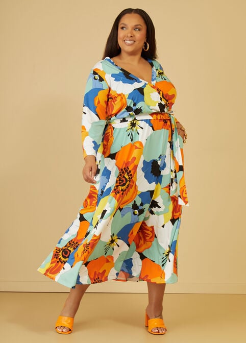 Floral Faux Wrap Maxi Dress, Teal image number 0