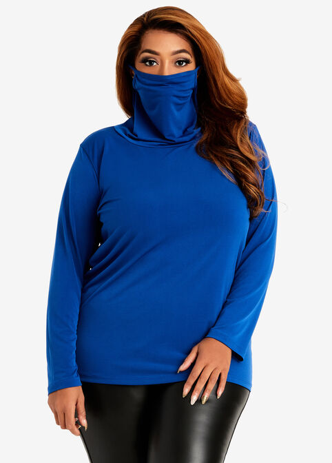 Plus Size Stretch Knit Long Sleeve Attached Mask Neck Combo Top image number 0