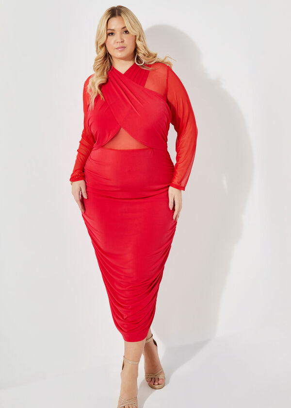 Paneled Crisscross Bodycon Dress, Red image number 0