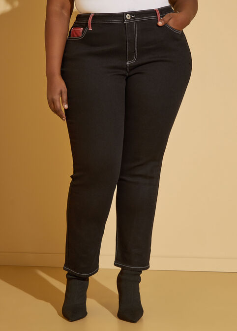 Faux Leather Trimmed Slim Jeans, Black White image number 2