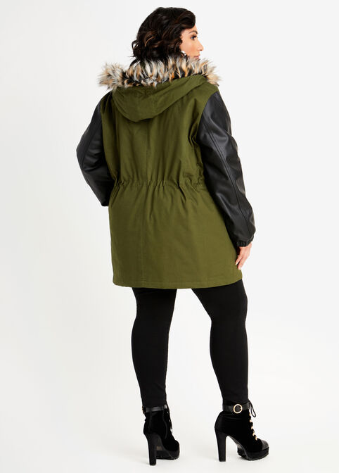 Faux Leather Sleeve Hooded Coat, Olive image number 1