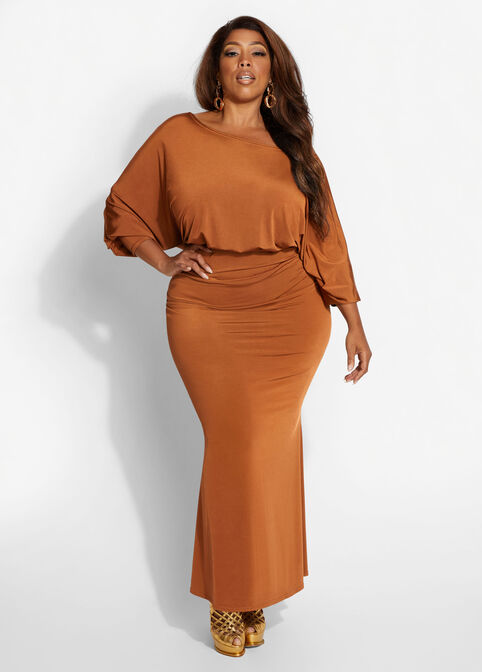 Plus Size Ruched Draped Satin Dolman Sleeve Sexy Bodycon Maxi Dress image number 0