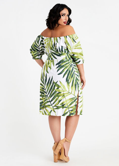 Belted Palm Leaf Cotton Dress, Artichoke Green image number 1