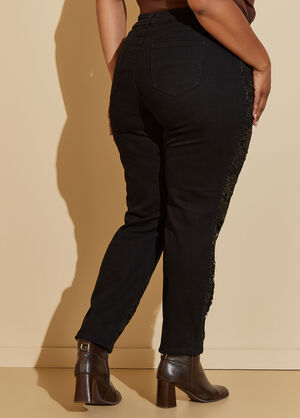 Metallic Lace Paneled Skinny Jeans, Black image number 1