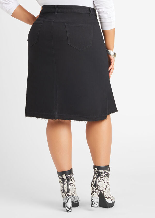 Distressed Faux Wrap Denim Skirt, Black image number 1
