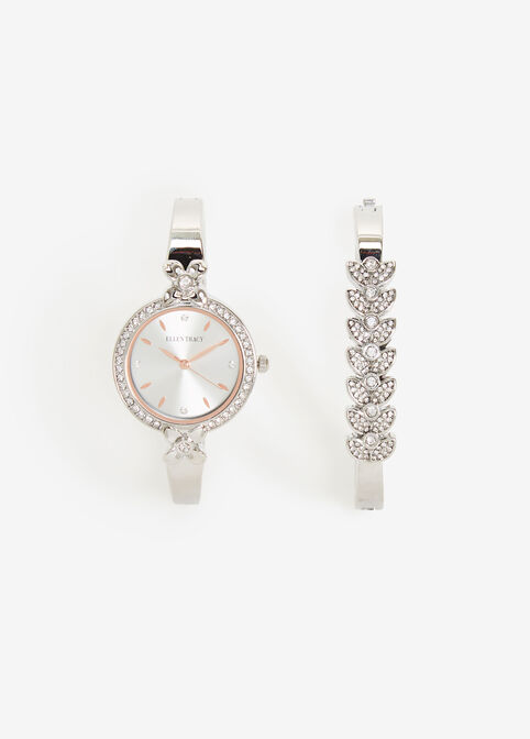 Ellen Tracy Silver Floral Watch Set, Silver image number 0