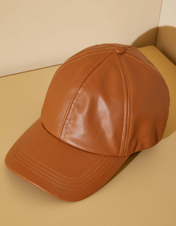 Faux Leather Baseball Hat, Brown image number 1