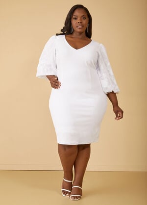 Embroidered Puffed Sleeve Dress, White image number 0