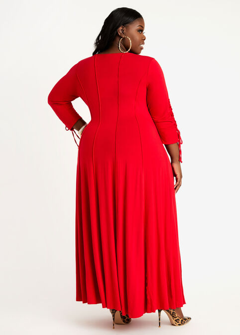 Ruched Sleeve Seamed Maxi Dress, Barbados Cherry image number 1