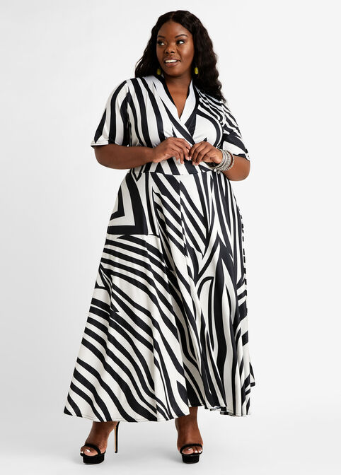 Abstract Wrap Flared Maxi Dress, Black White image number 0