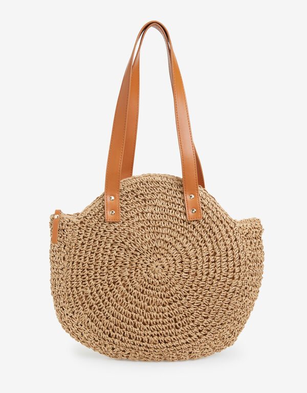Faux Leather Trimmed Straw Bag, Natural image number 0