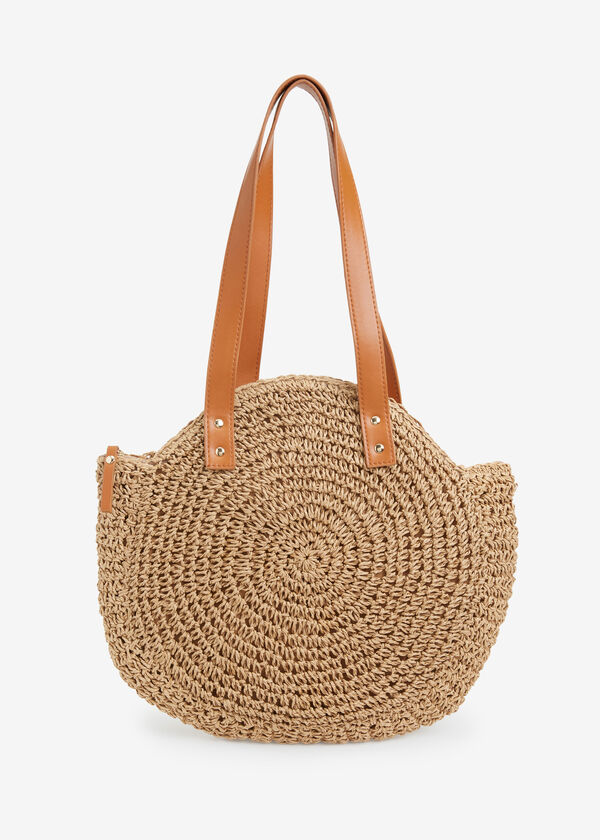 Faux Leather Trimmed Straw Bag, Natural image number 0