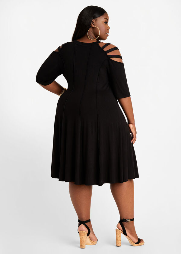 Lattice Shoulder Seamed Knit Dress, Black image number 1