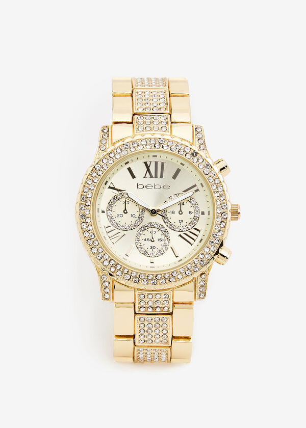 Bebe Gold Rhinestone Face Watch, Gold image number 0