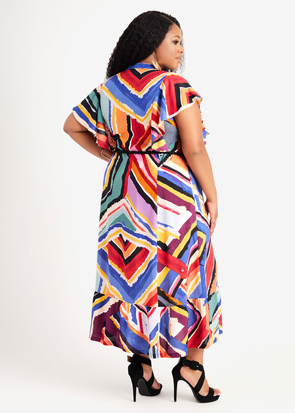 Abstract Print Belted Maxi Dress, Multi image number 1