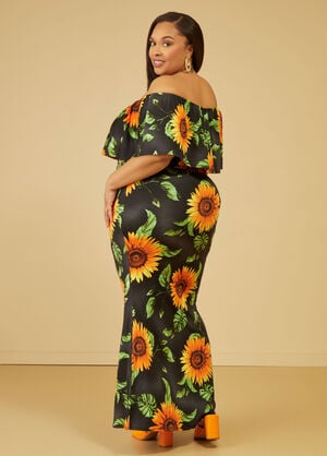 Off The Shoulder Sunflower Dress, Black Combo image number 1