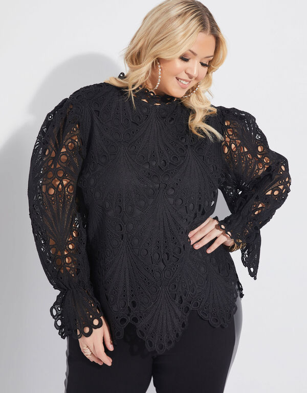 Puff Sleeve Lace Top, Black image number 0