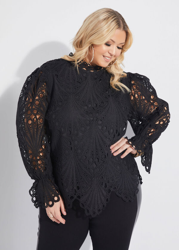 Puff Sleeve Lace Top, Black image number 0