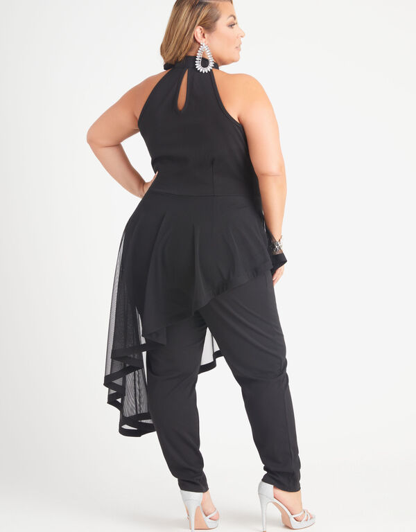 Mesh Paneled Asymmetric Jumpsuit, Black image number 1