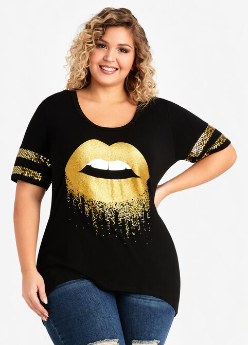 Gold Drip Lips Sequin Graphic Tee, Black image number 0