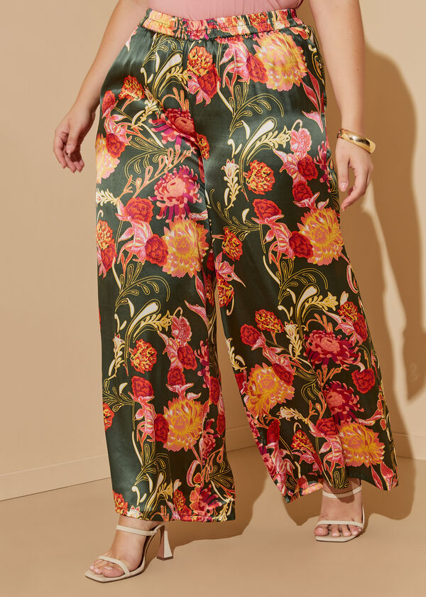 Floral Print Satin Wide Leg Pants, Multi image number 0