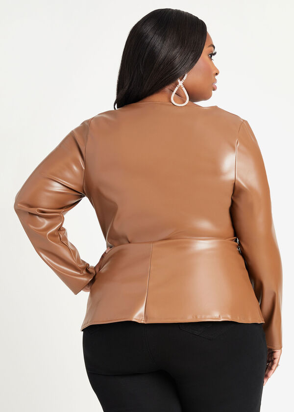 Stretch Faux Leather Peplum Top, Mocha image number 1