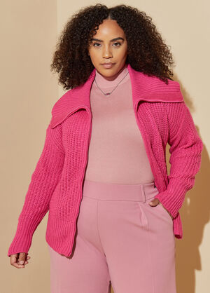 Two Way Zip Ribbed Sweater, Fuchsia image number 0