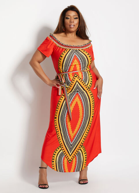 Belted Dashiki Knit Midi Dress, Red image number 0