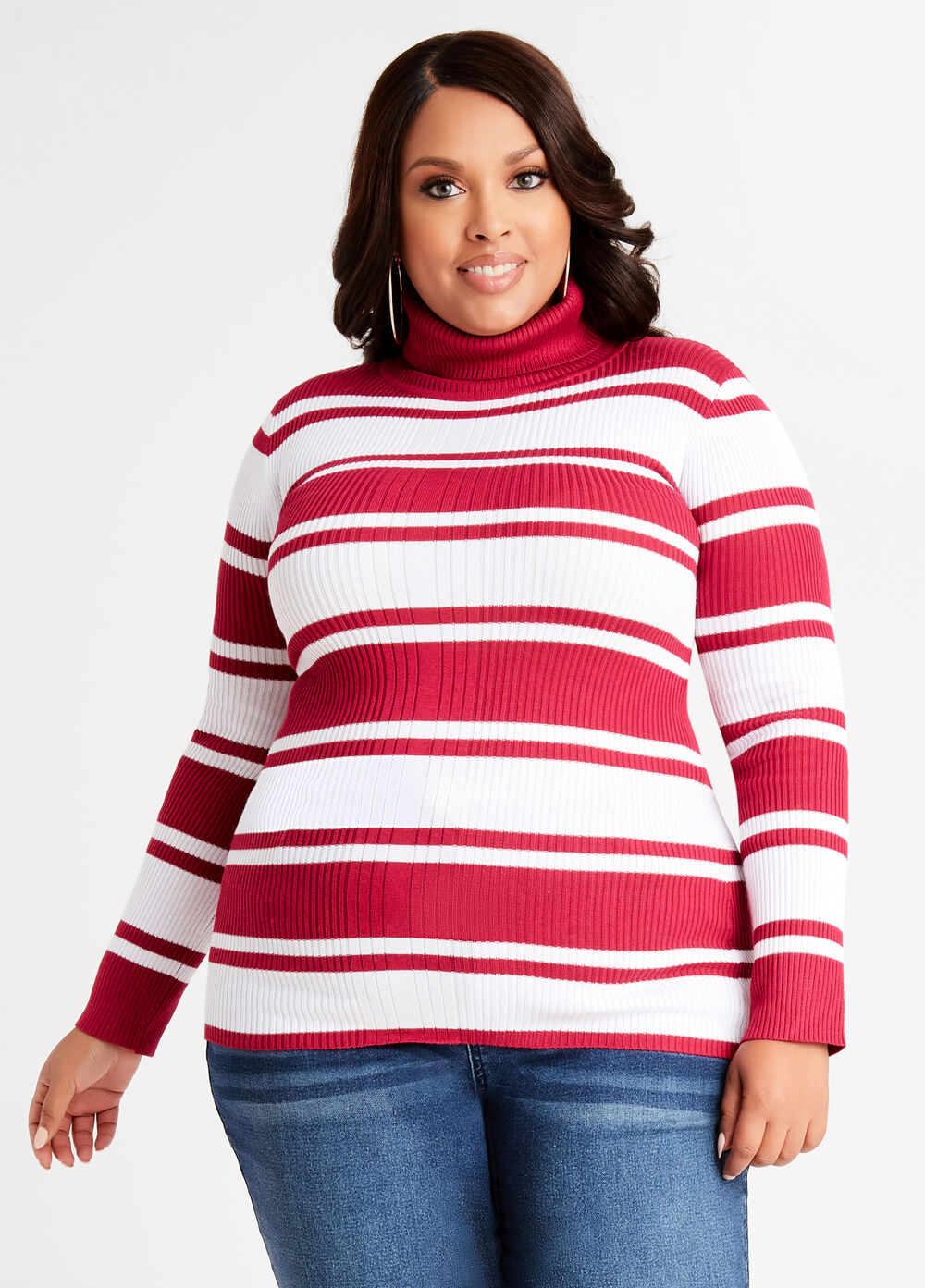 Plus Size Classic Stripe Stretch Ribbed Knit Fitted Turtleneck Sweater