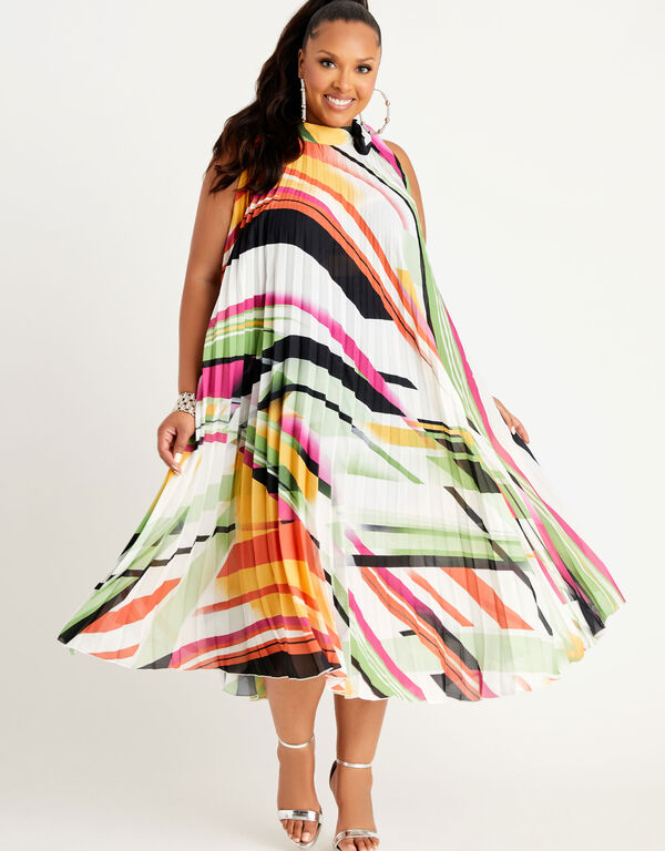 Pleated Printed Midi Dress, Multi image number 0