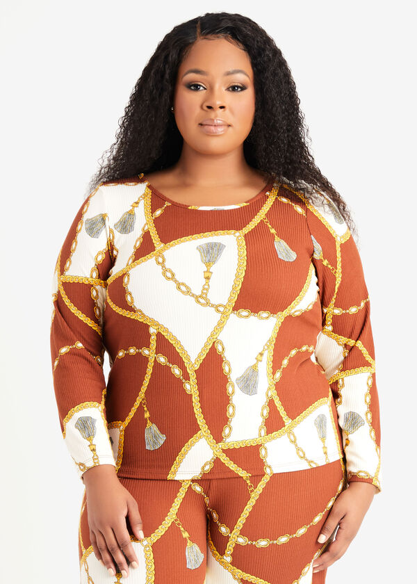 Printed Ribbed Jersey Lounge Top, Rust image number 0